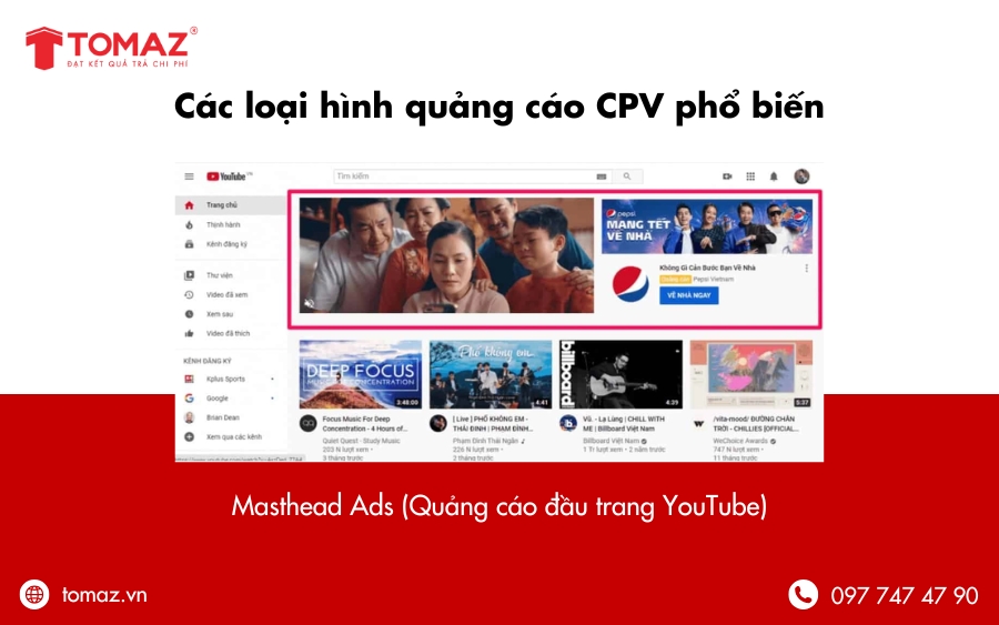 Các loại hình quảng cáo CPV phổ biến - Masthead Ads (Quảng cáo đầu trang YouTube)