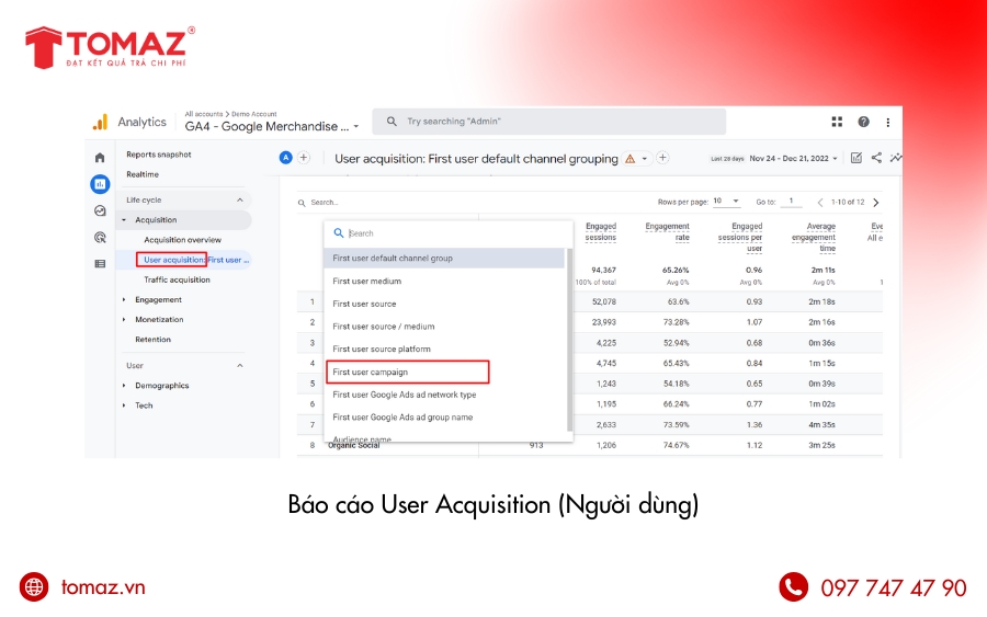 Cách xem Báo cáo User Acquisition (Người dùng)
