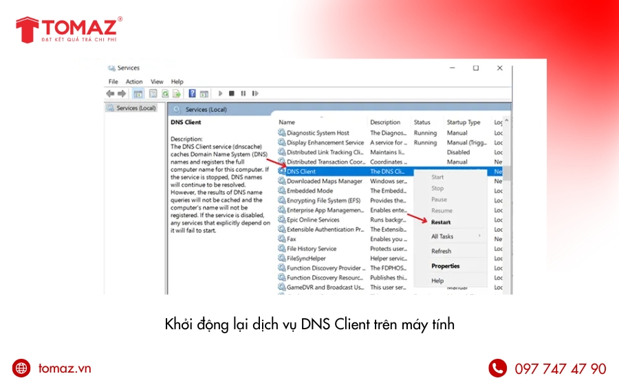 Khởi động lại dịch vụ DNS Client trên máy tính