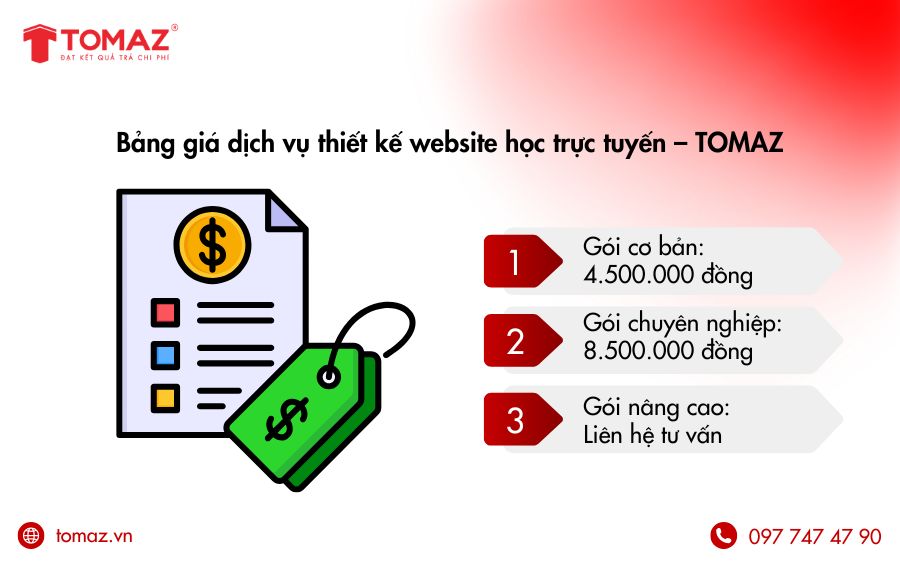 Bảng giá các dịch vụ thiết kế website học trực tuyến tại Tomaz