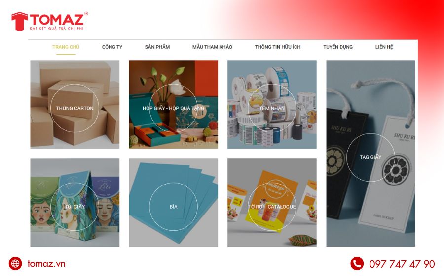 Hiển thị chuyên nghiệp các dịch vụ in ấn với hình ảnh minh họa rõ nét, giúp khách hàng dễ dàng tìm kiếm và lựa chọn.