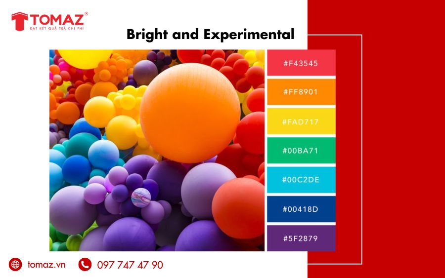 Ý nghĩa màu sắc trong thiết kế website với Bright and Experimental là khơi gợi sự tò mò, sáng tạo và cảm xúc tích cực