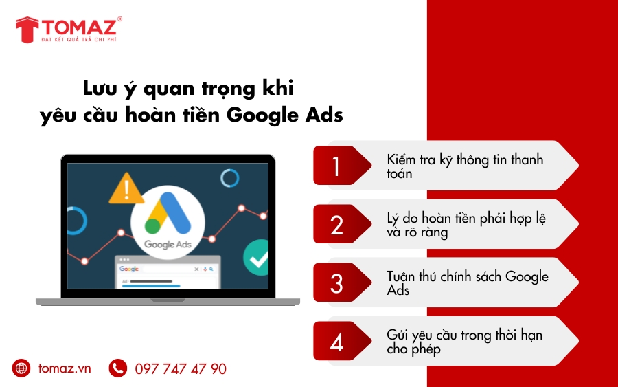 Lưu ý quan trọng khi yêu cầu hoàn tiền Google Ads