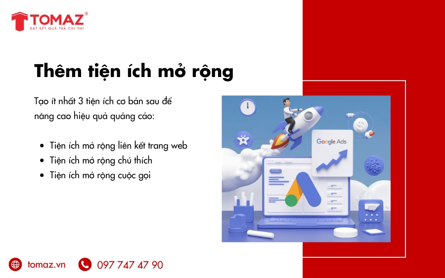 Cách tạo chiến dịch Google AdWords - Thêm tiện ích mở rộng