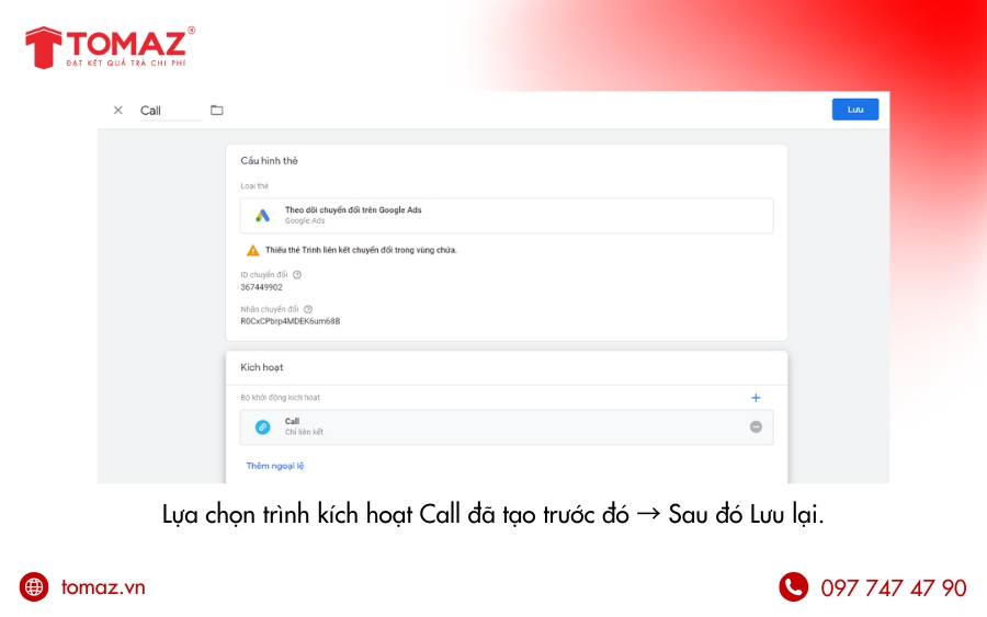 Hoàn thành thẻ Call theo dõi chuyển đổi
