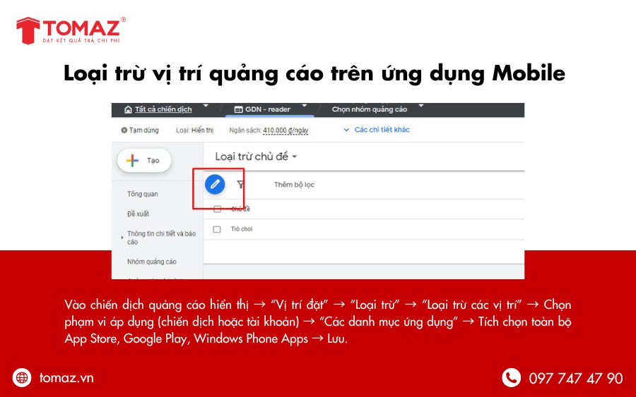 Kinh nghiệm chạy quảng cáo Google GDN - Loại trừ vị trí quảng cáo trên ứng dụng mobile