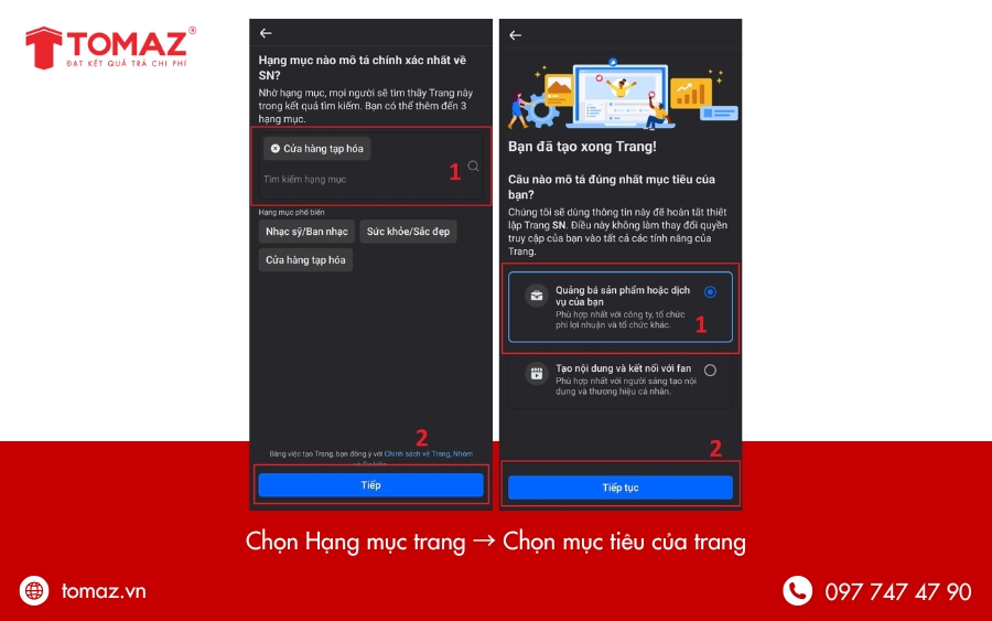 Chọn Hạng mục và mục tiêu cho fanpage
