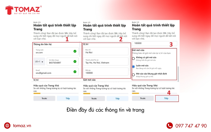 Điền các thông tin liên hệ như website, email, SĐT, vị trí, giờ mở cửa