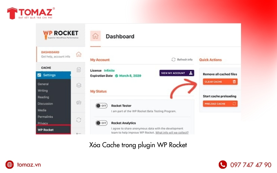 Xóa Cache trong plugin WP Rocket