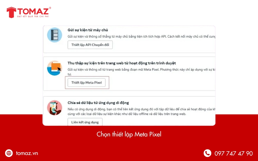 Chọn thiết lập Meta Pixel
