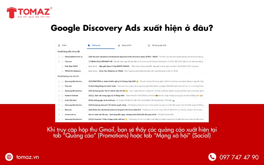 Google Discovery Ads xuất hiện trong Gmail ở tab Quảng cáo hoặc tab Mạng xã hội