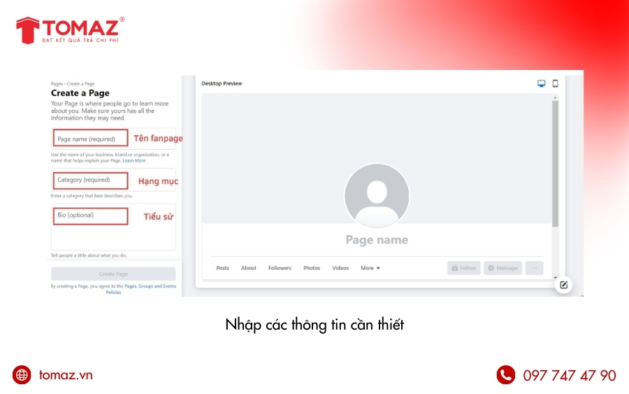 Nhập các thông tin cơ bản của Fanpage