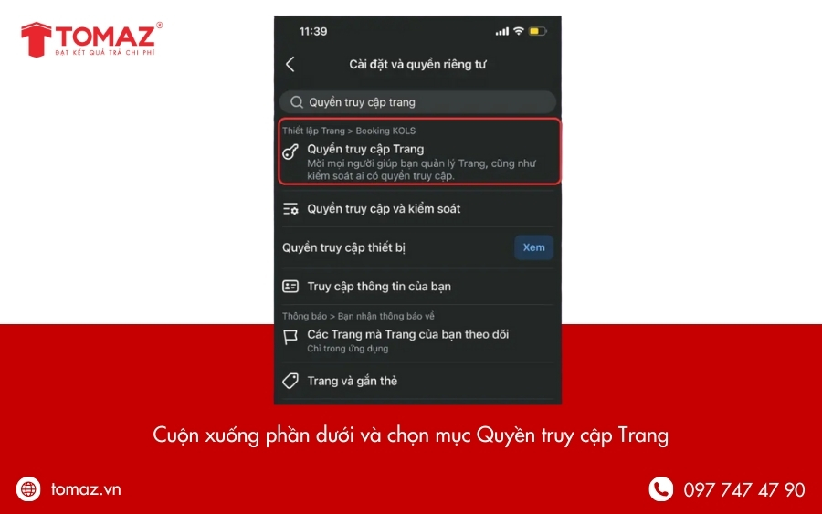 Chọn mục Quyền truy cập Trang