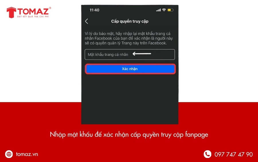 Nhập mật khẩu để xác nhận thêm quản trị viên vào fanpage