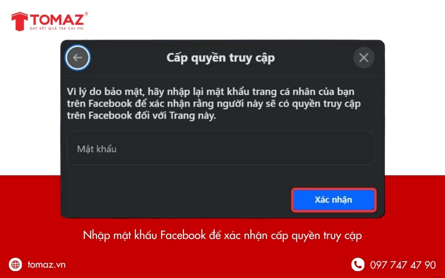 Nhập mật khẩu Facebook để xác nhận cấp quyền truy cập