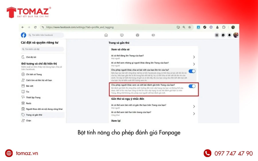 Bật tính năng cho phép đánh giá Fanpage