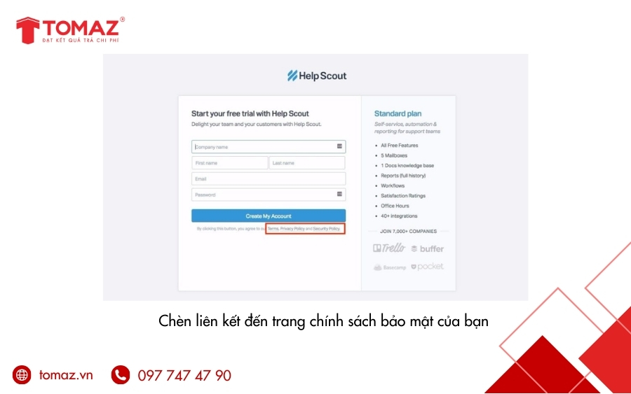 Bí quyết thiết kế Landing Page Facebook Ads tối ưu chuyển đổi - Chèn liên kết đến trang chính sách bảo mật của bạn