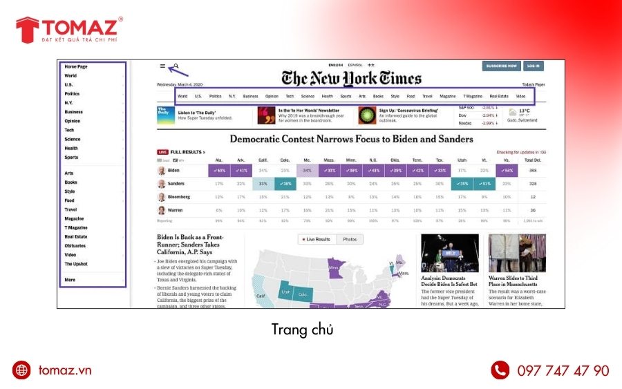 Navigation trên trang chủ (Desktop)
