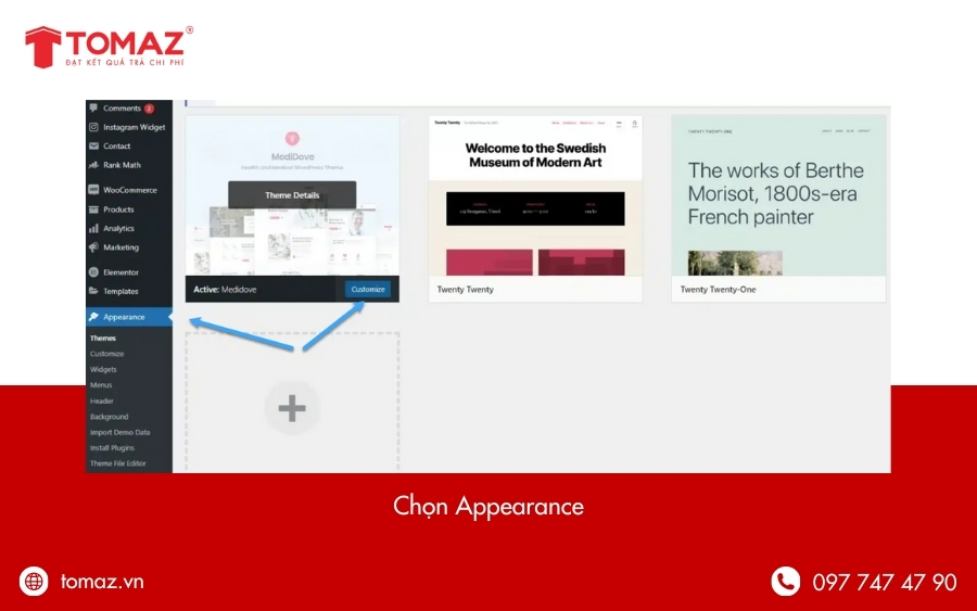 Bạn chọn Appearance (Giao diện) trên thanh menu bên trái