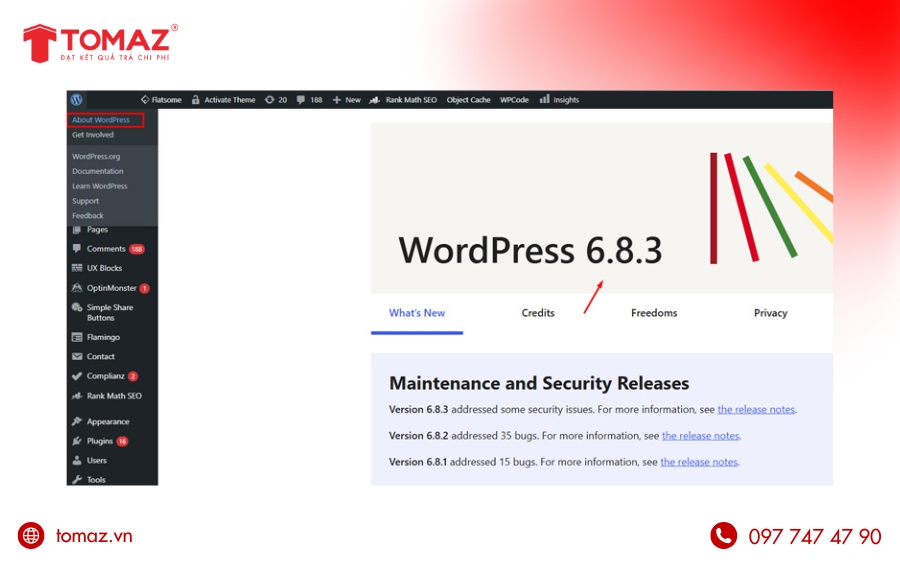 Kiểm tra phiên bản WordPress bằng cách chọn About WordPress
